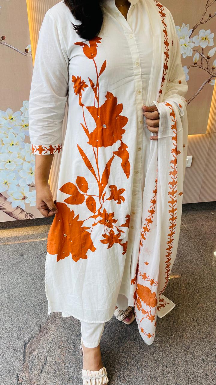 Premium cotton lining white n rust full suit paired with Mul cotton dupatta
