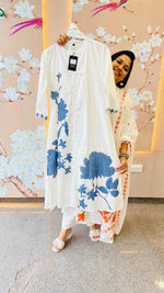 Premium cotton lining white n rust full suit paired with Mul cotton dupatta in blue