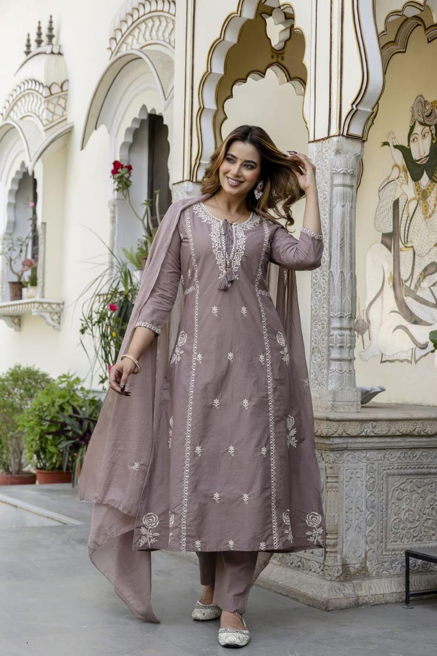 Premium cotton embroidered full suit set in mouse colour