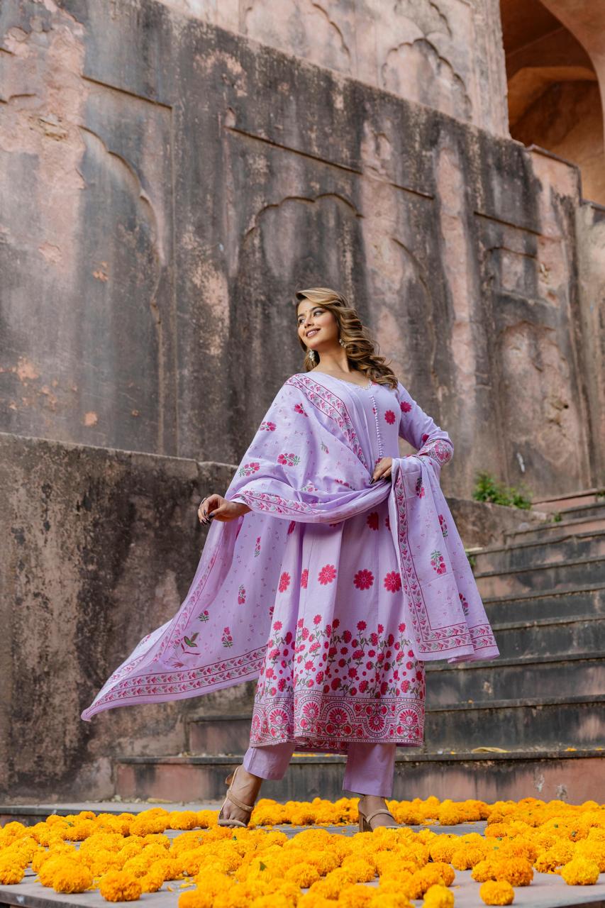 Wow cotton shoulder Anarkali suit set in purple