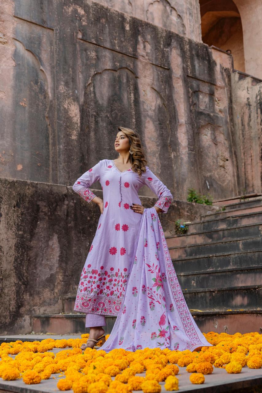 Wow cotton shoulder Anarkali suit set in purple