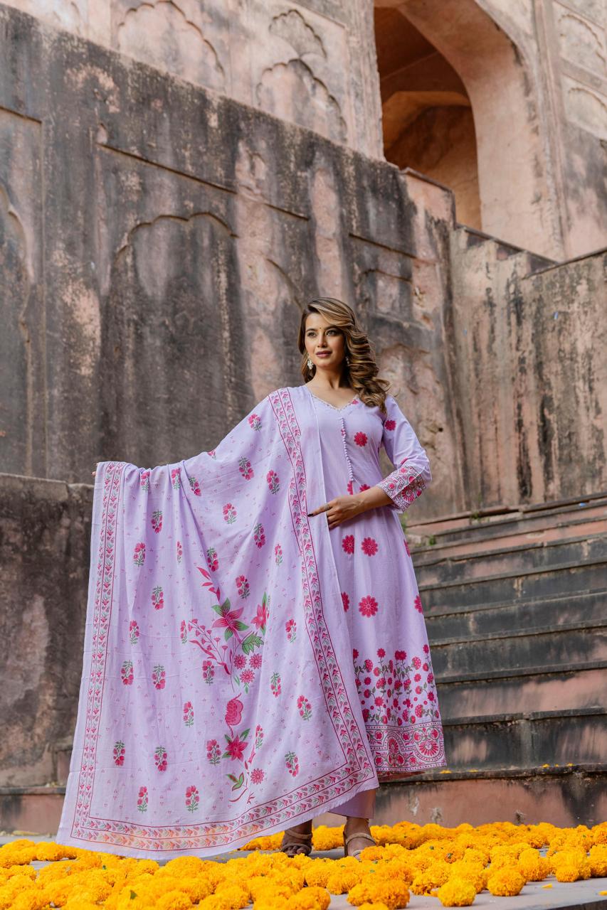 Wow cotton shoulder Anarkali suit set in purple