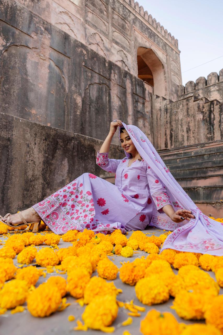 Wow cotton shoulder Anarkali suit set in purple