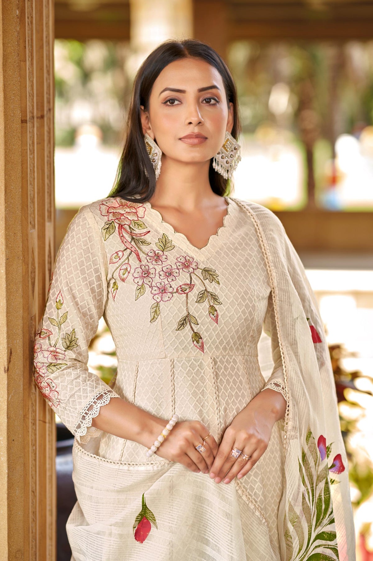 Weaved cotton with super pretty embroidery n brush painted dupatta