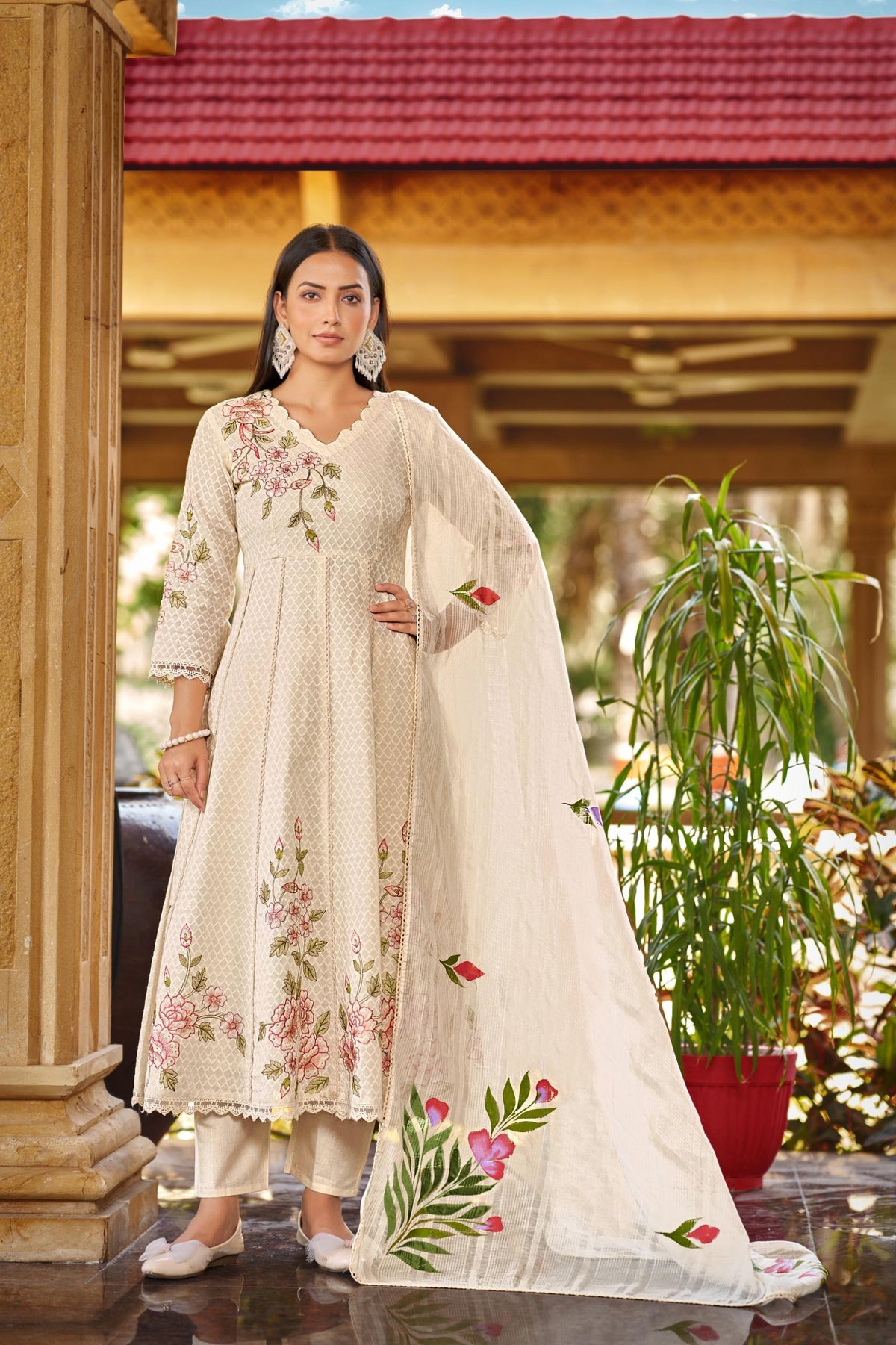 Weaved cotton with super pretty embroidery n brush painted dupatta