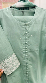 Beautiful thread embroidery on sleeves pretty suit in green