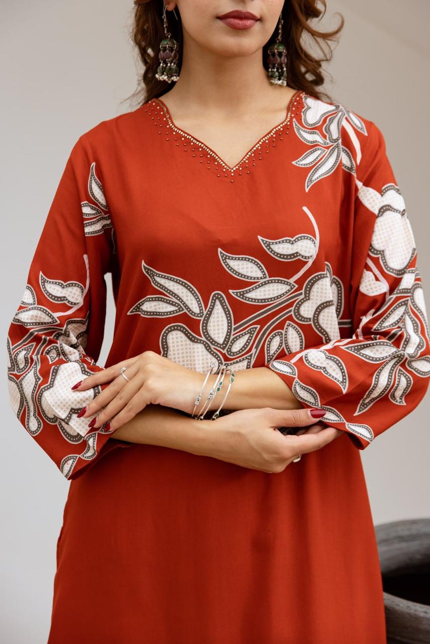 Super pretty slub cotton with four pocket kurta pant in rust