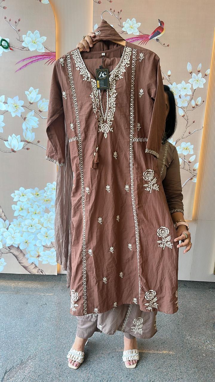 Premium cotton embroidered full suit set in brown colour
