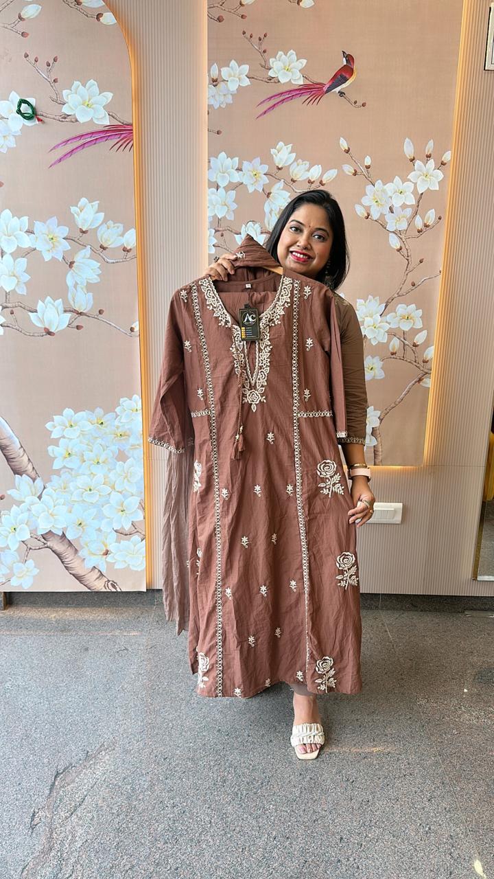 Premium cotton embroidered full suit set in brown colour