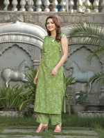 Pure cotton sleeveless kurta pant in green (extra sleeves available)
