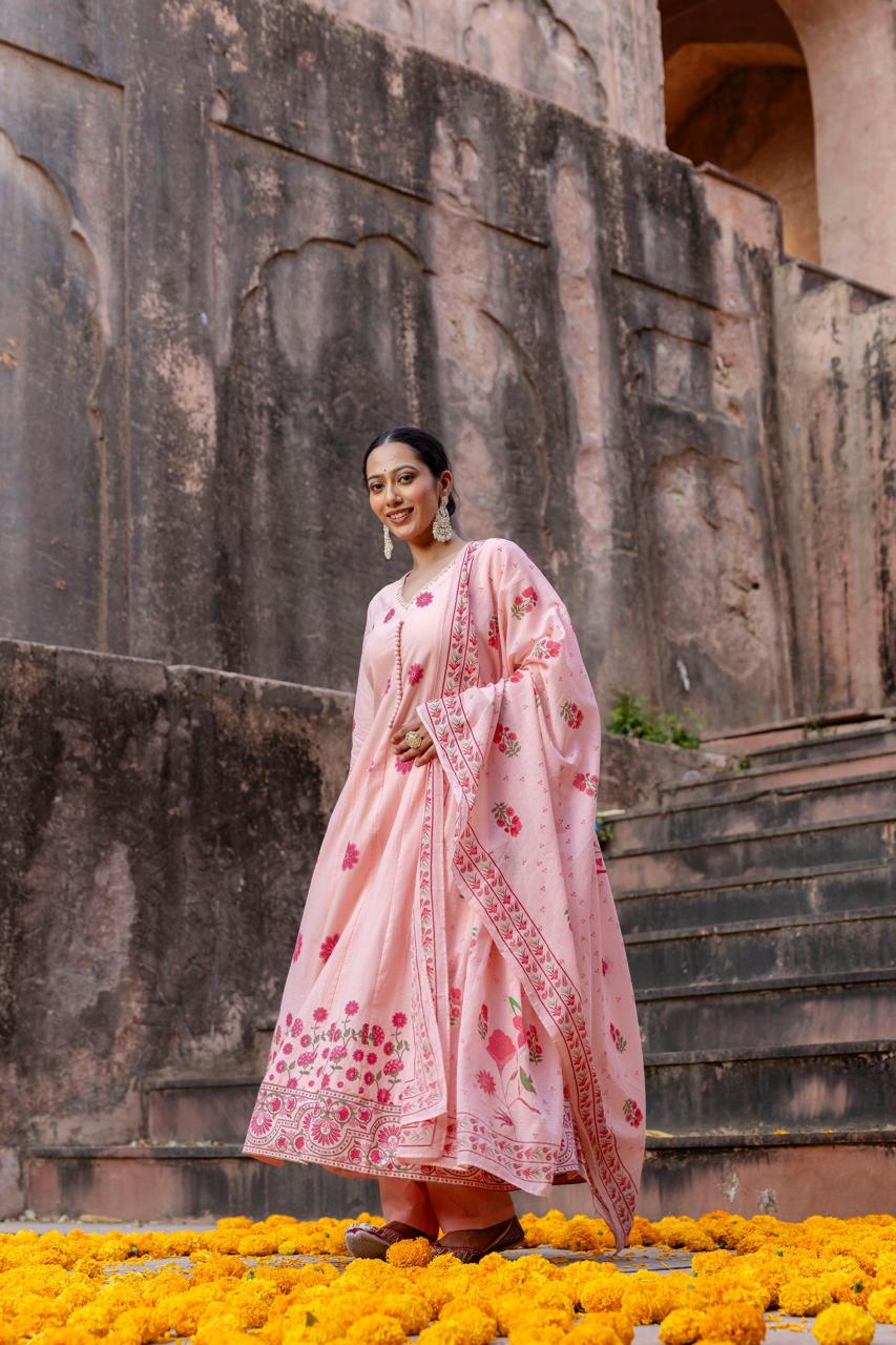 Wow cotton shoulder Anarkali suit set in pink