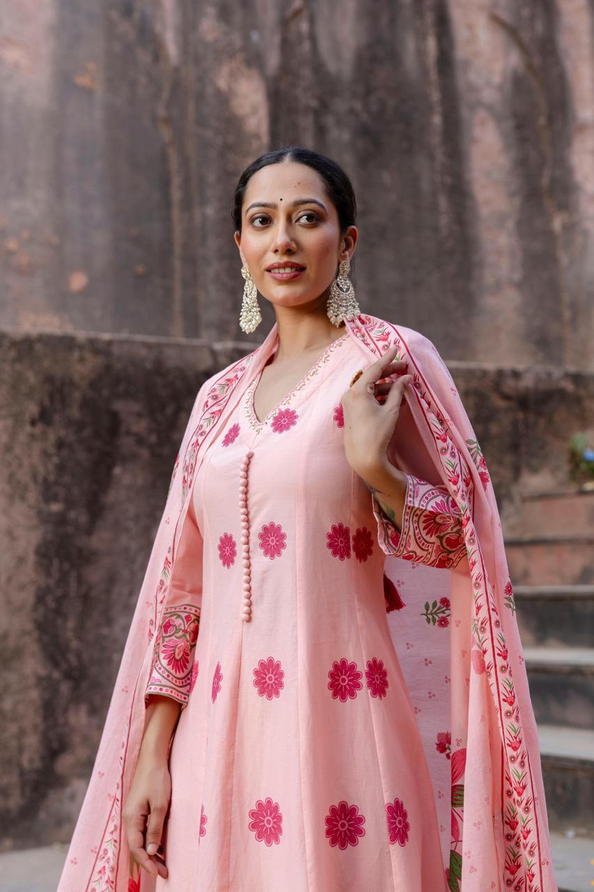Wow cotton shoulder Anarkali suit set in pink