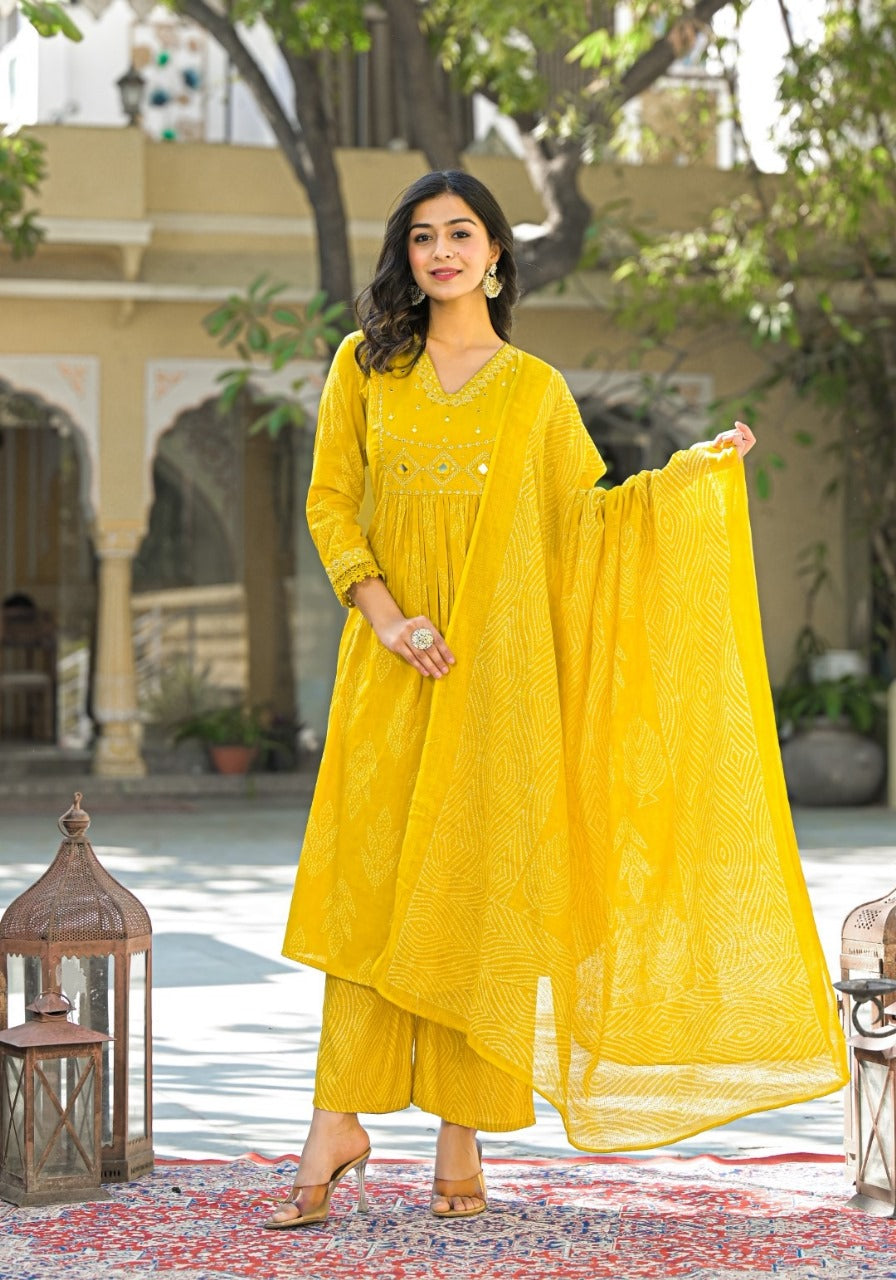 Mirror work cotton suit set in yellow