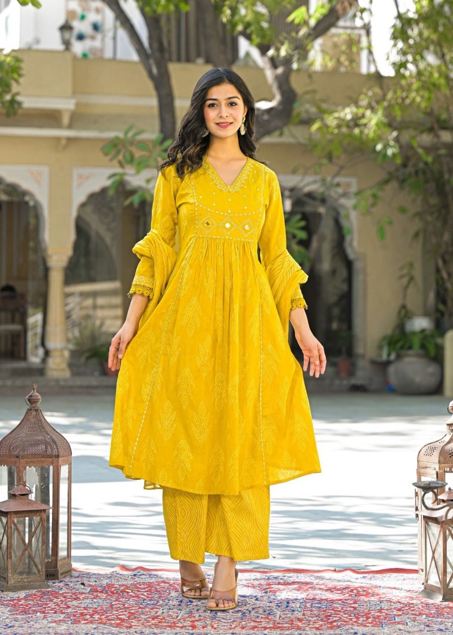 Mirror work cotton suit set in yellow
