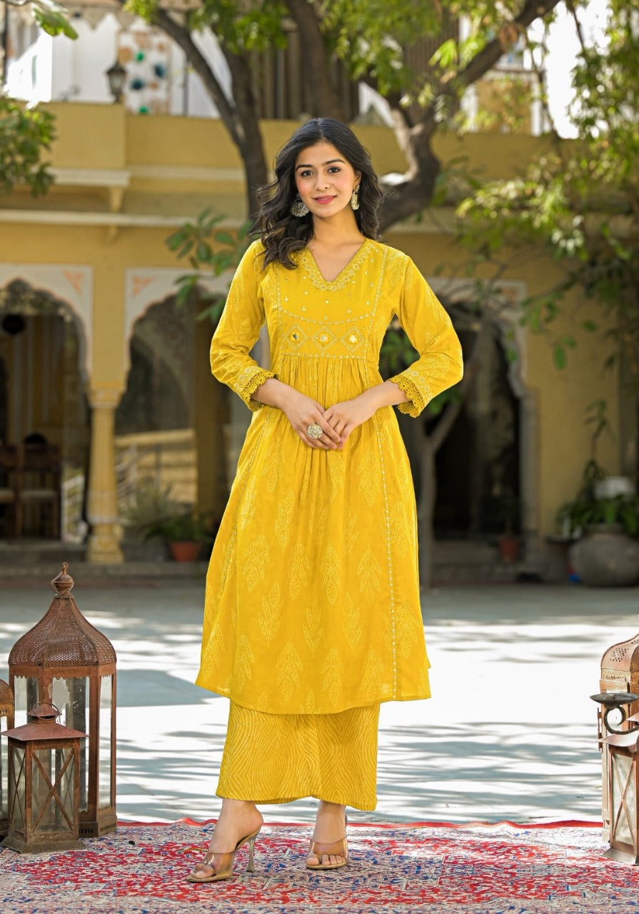 Mirror work cotton suit set in yellow