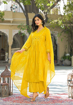 Mirror work cotton suit set in yellow