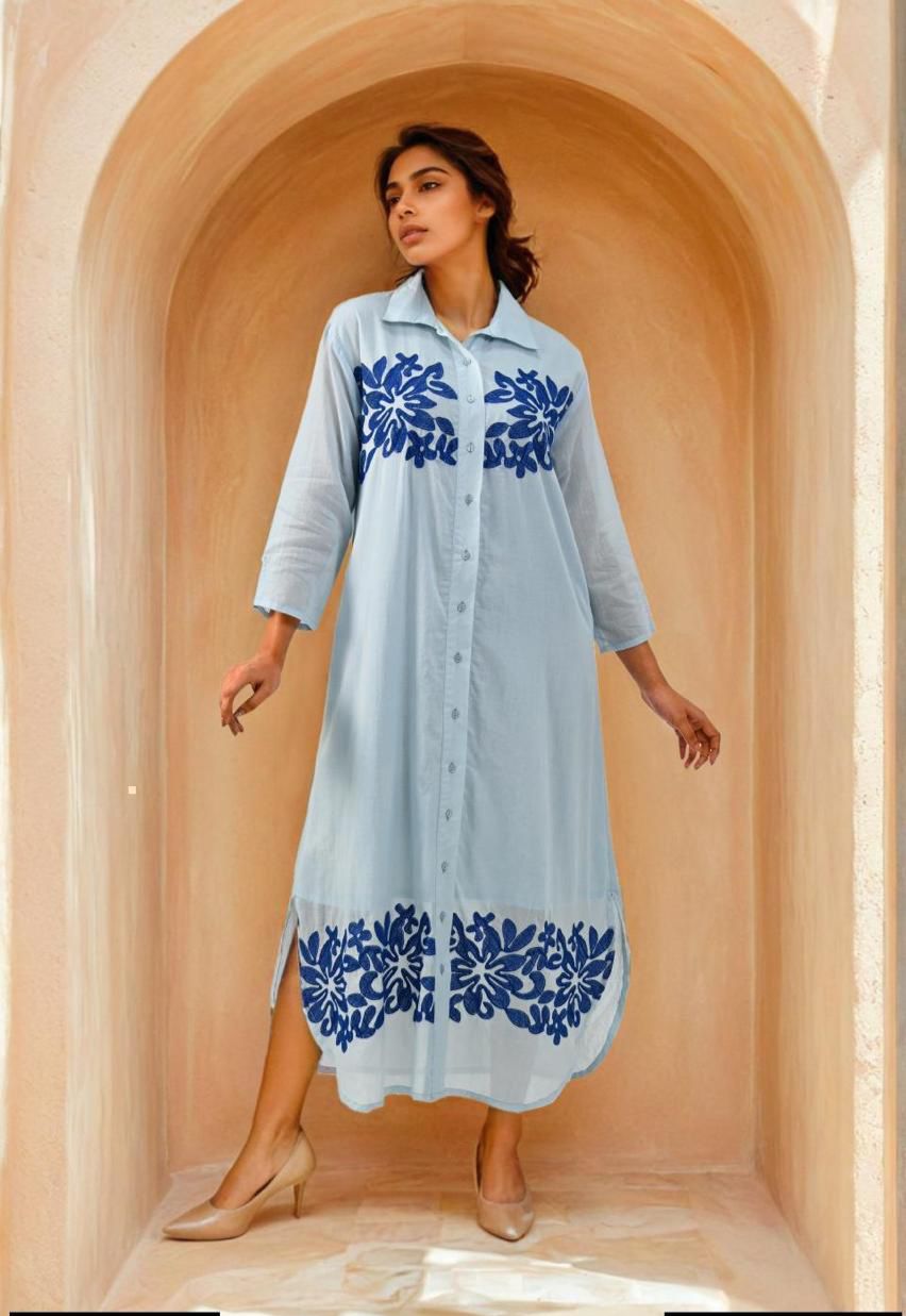 RESTOCKED!! Blue appliqué work Mul cotton lining smart shirt dress