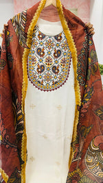 Smart cotton embroidered suit set paired with Kalamkari dupatta
