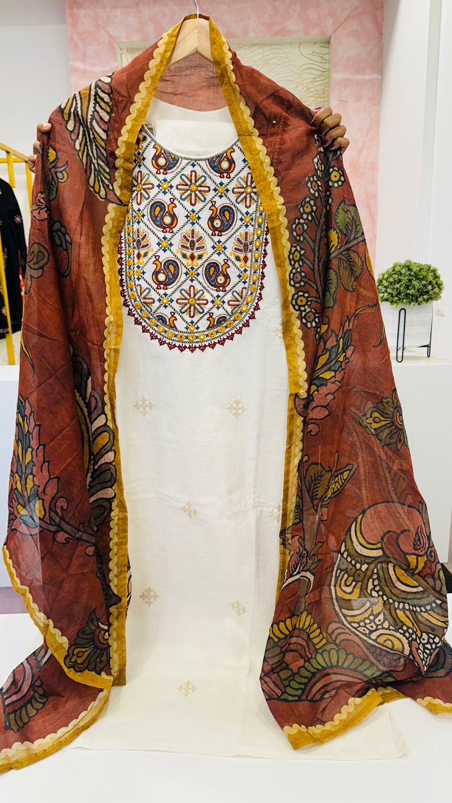 Smart cotton embroidered suit set paired with Kalamkari dupatta