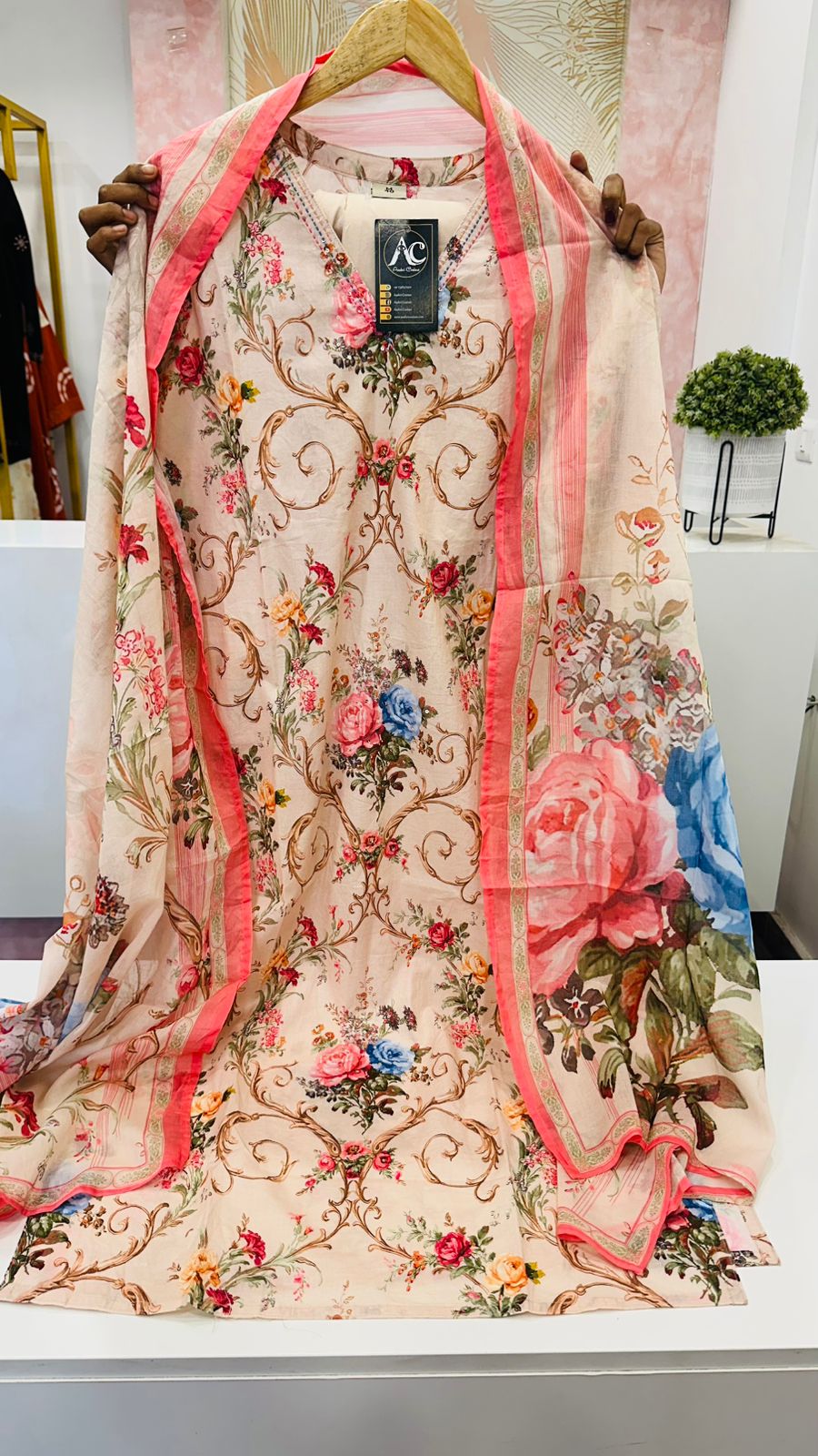 Beautiful cotton floral suit set in pink