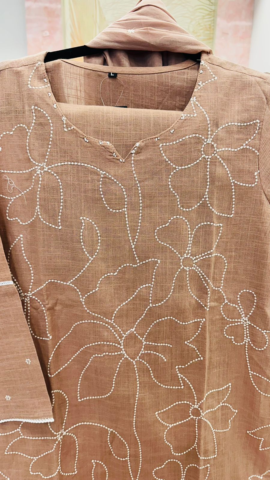 Brown embroidered cotton suit set