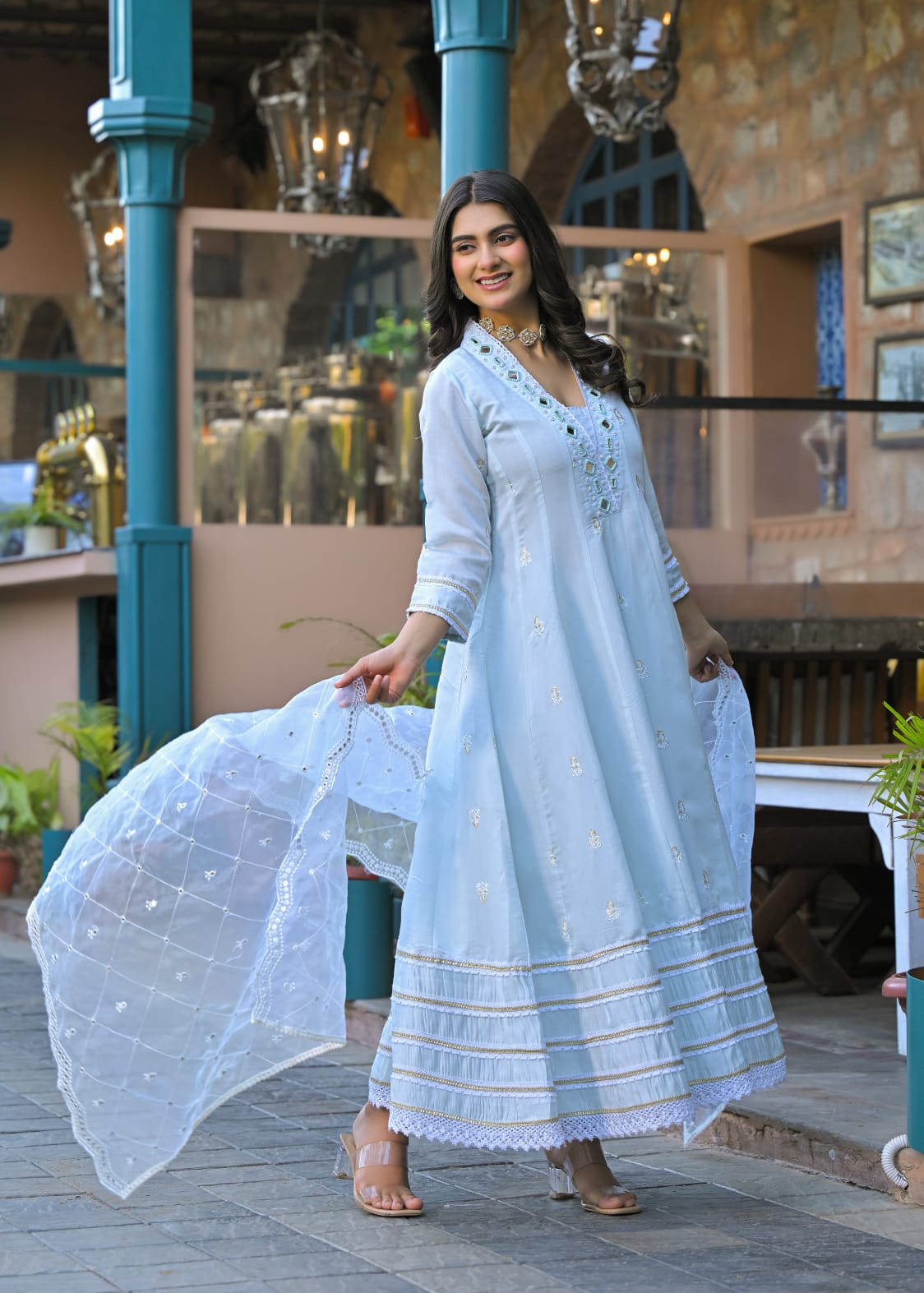 Silk Anarkali mirror suit suit set paired with organza dupatta