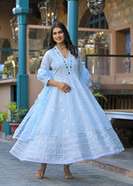 Silk Anarkali mirror suit suit set paired with organza dupatta