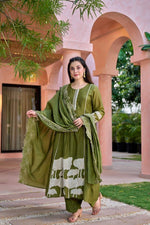 Beautiful appliqué work Mul Chanderi suit in green
