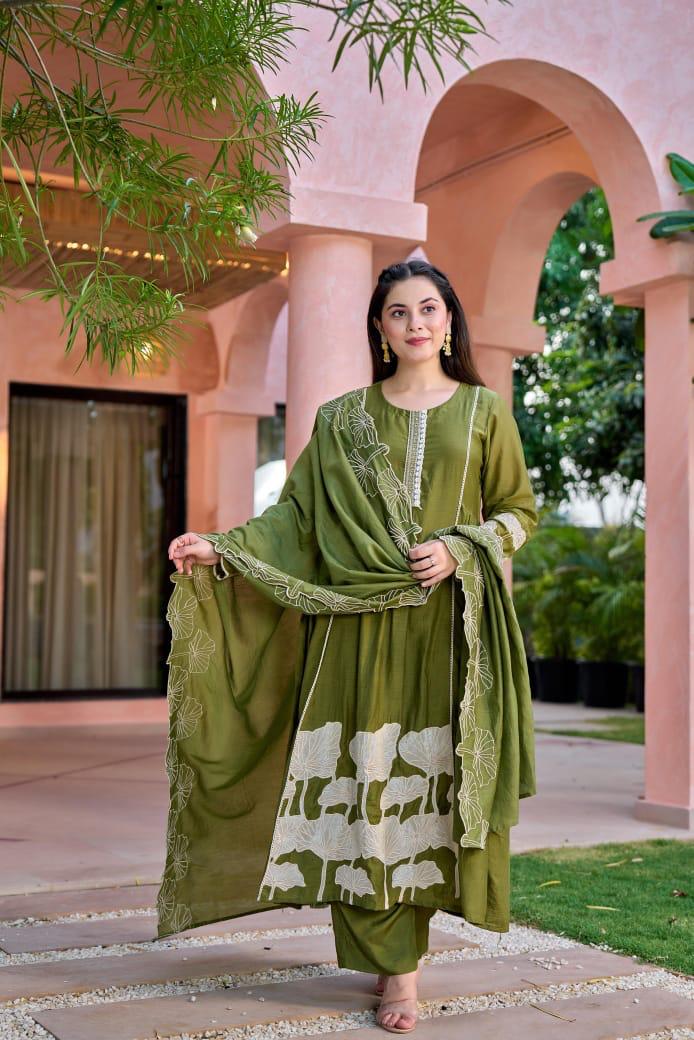 Beautiful appliqué work Mul Chanderi suit in green