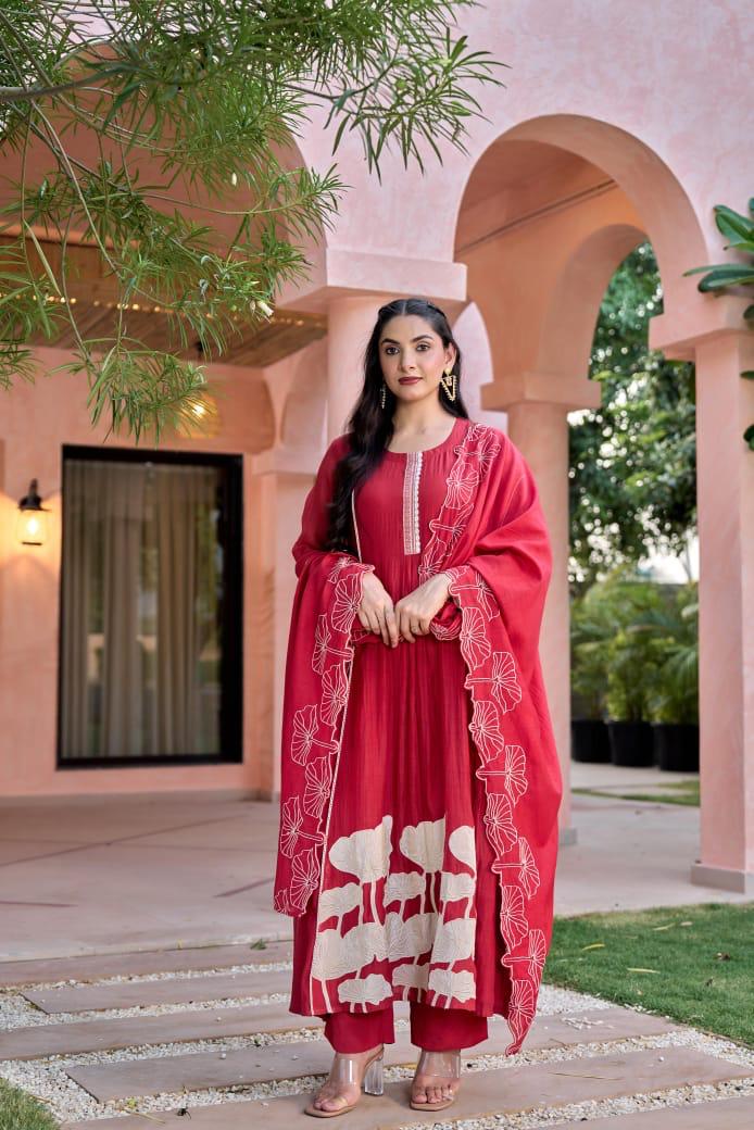 Beautiful appliqué work Mul Chanderi suit