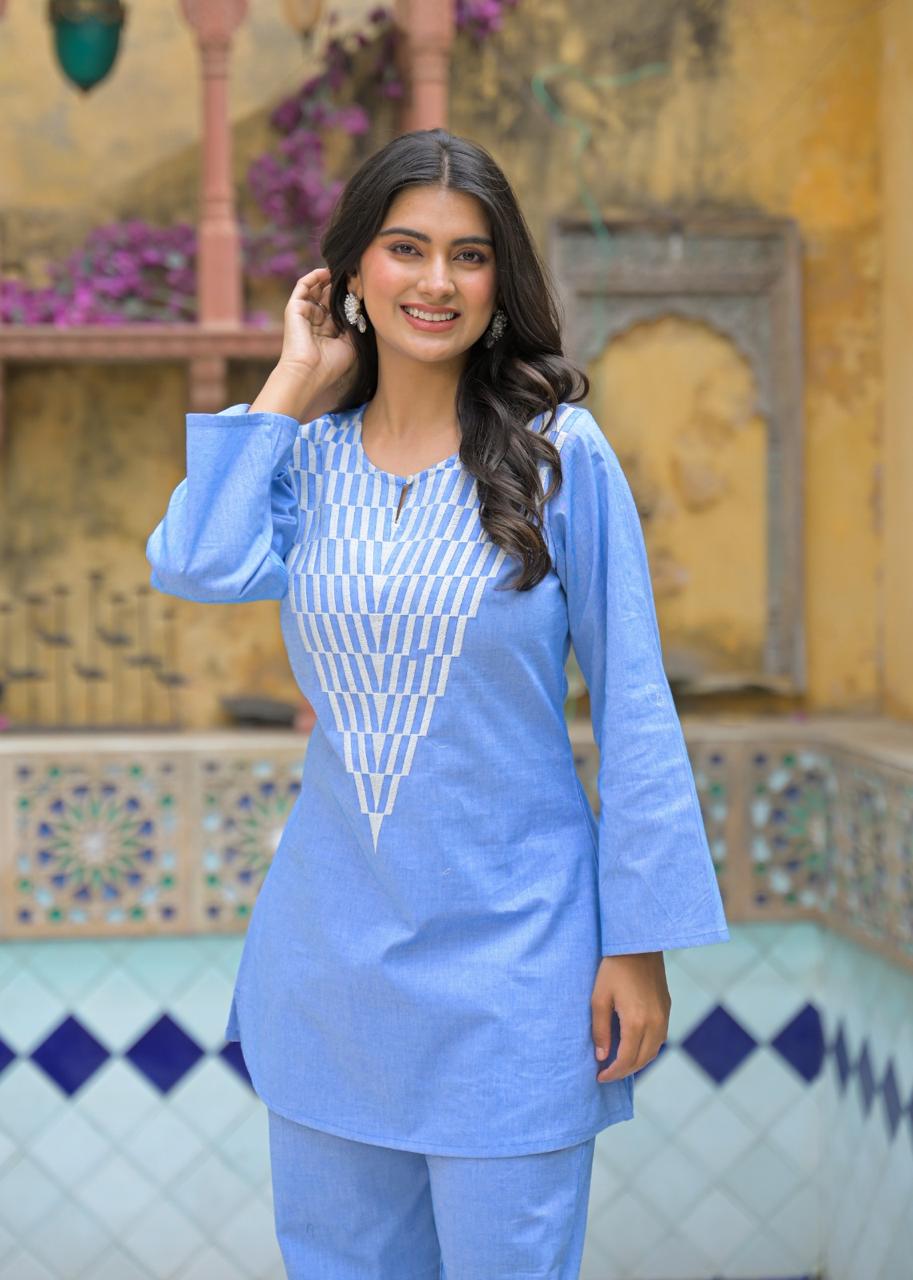 smart denim cotton embroidered co ord