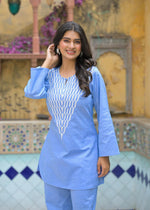 smart denim cotton embroidered co ord