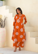 Digital printed cotton kurta pant with pocket in rust