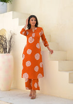 Digital printed cotton kurta pant with pocket in rust