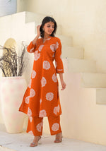 Digital printed cotton kurta pant with pocket in rust