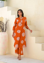 Digital printed cotton kurta pant with pocket in rust