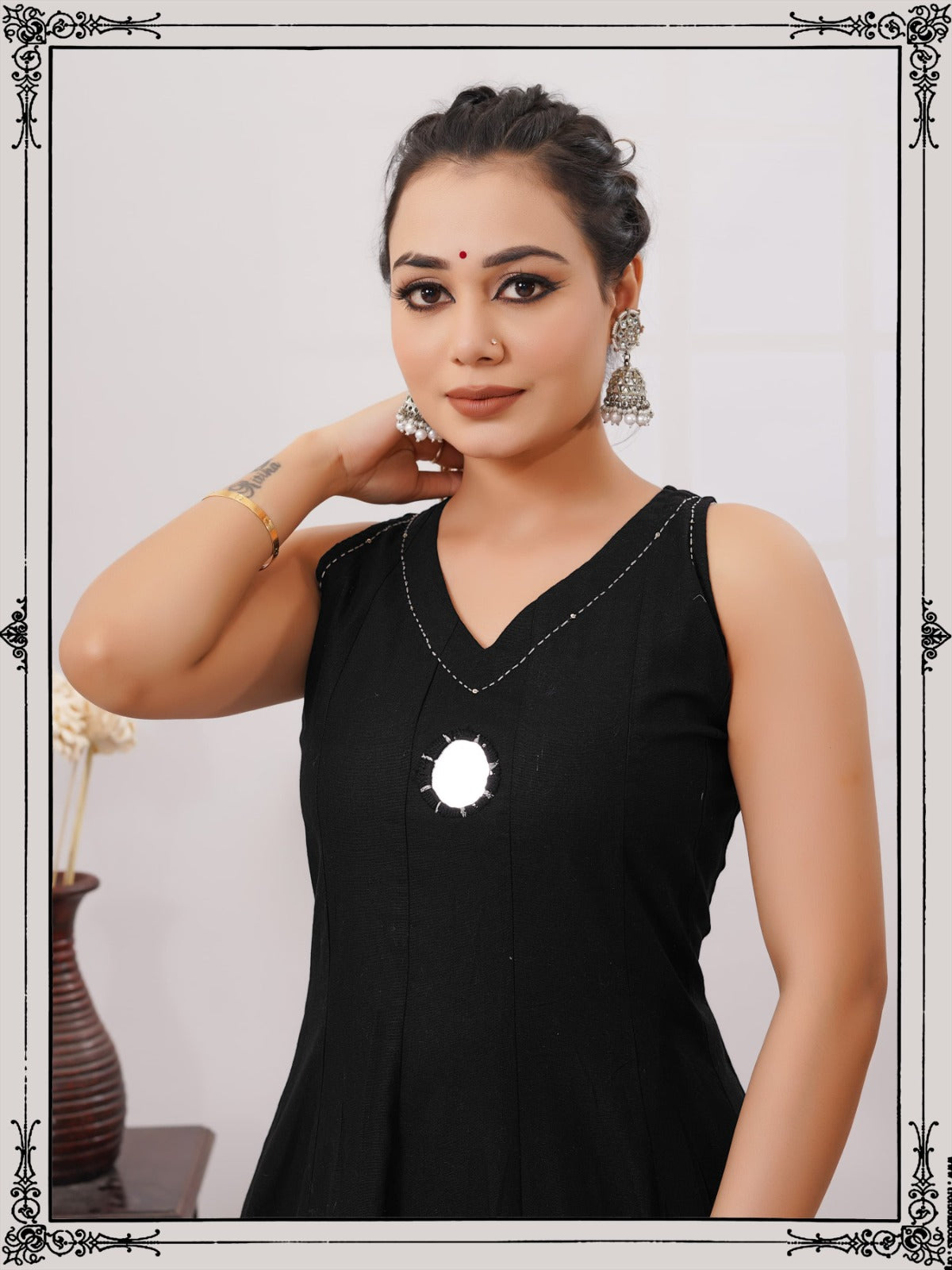 Stylish appliqué work n mirror work suit set in black