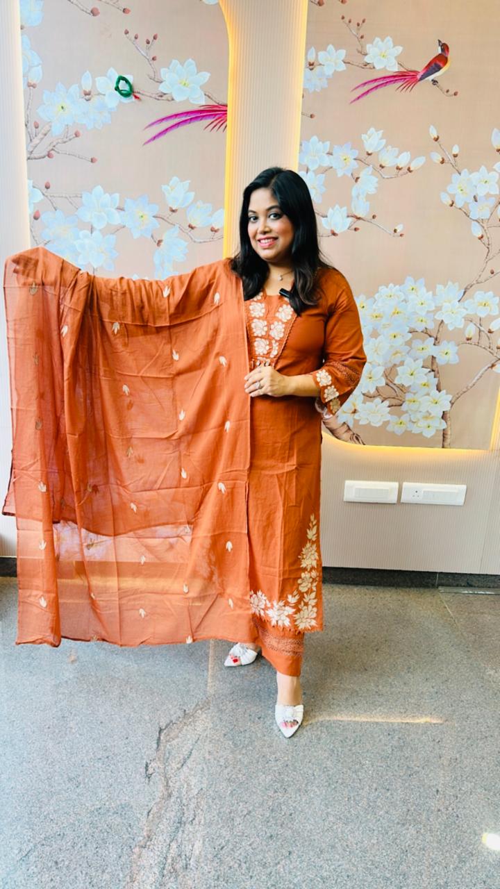 Restocked!! Full appliqué work suit set paired with pretty Mul cotton appliqué dupatta in RUST !!
