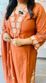 Restocked!! Full appliqué work suit set paired with pretty Mul cotton appliqué dupatta in RUST !!