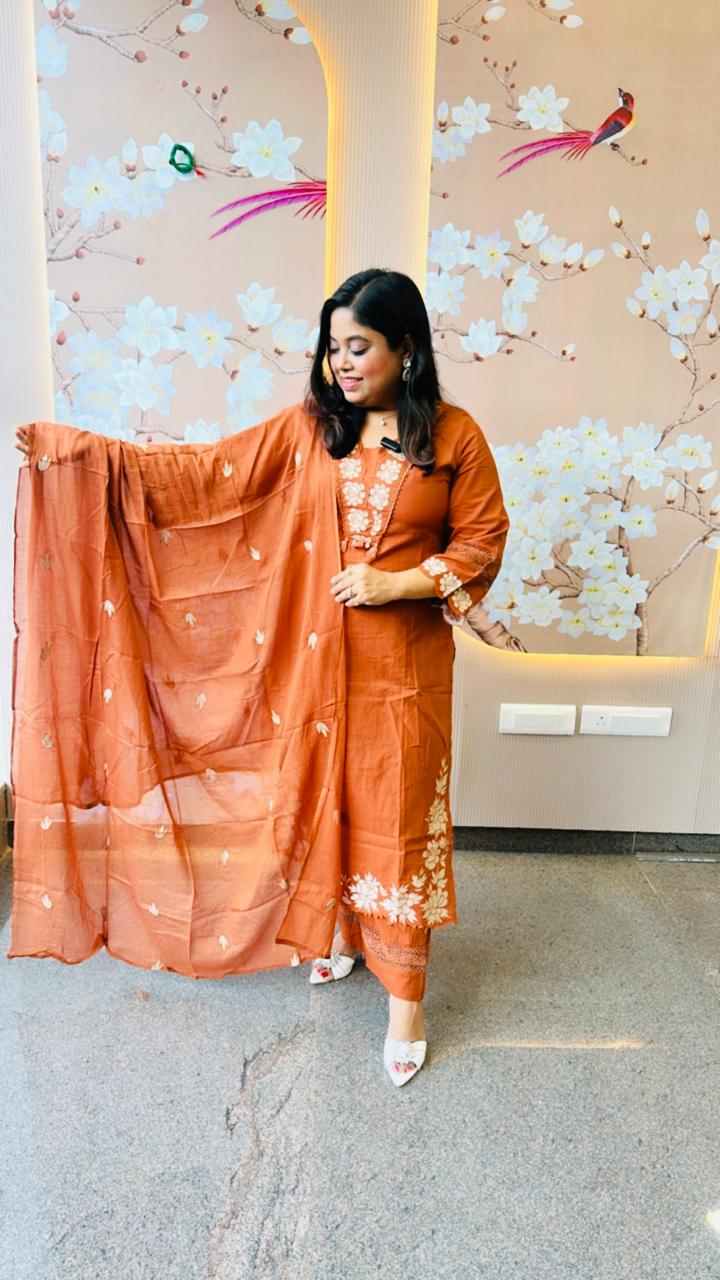 Restocked!! Full appliqué work suit set paired with pretty Mul cotton appliqué dupatta in RUST !!