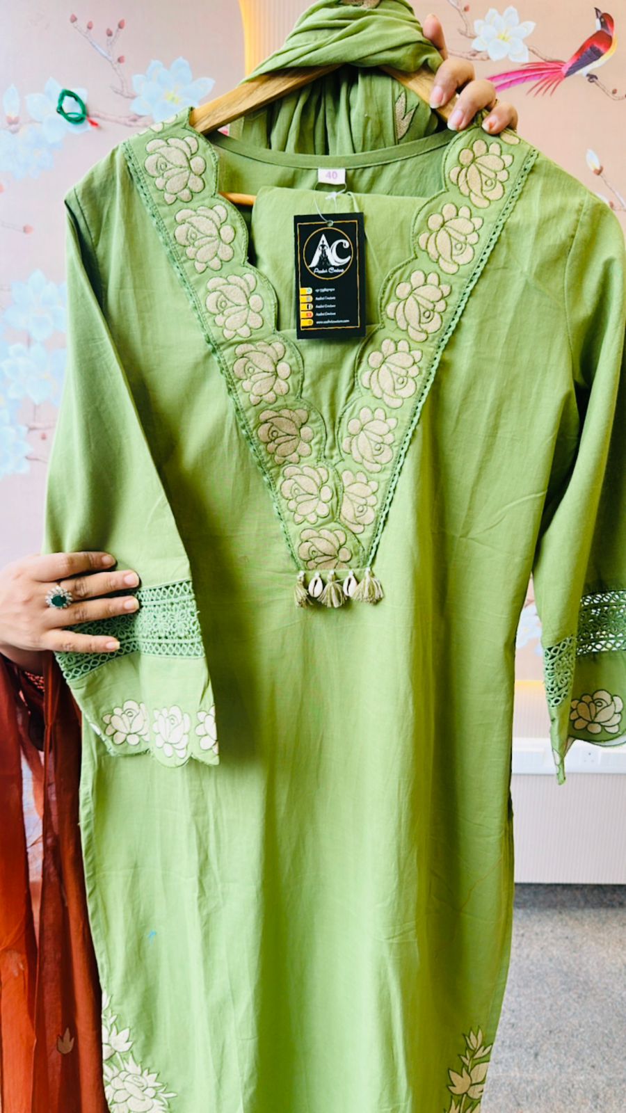 Restocked!! Full appliqué work suit set paired with pretty Mulcotton appliqué dupatta in green !! Dispatch in 20 Days