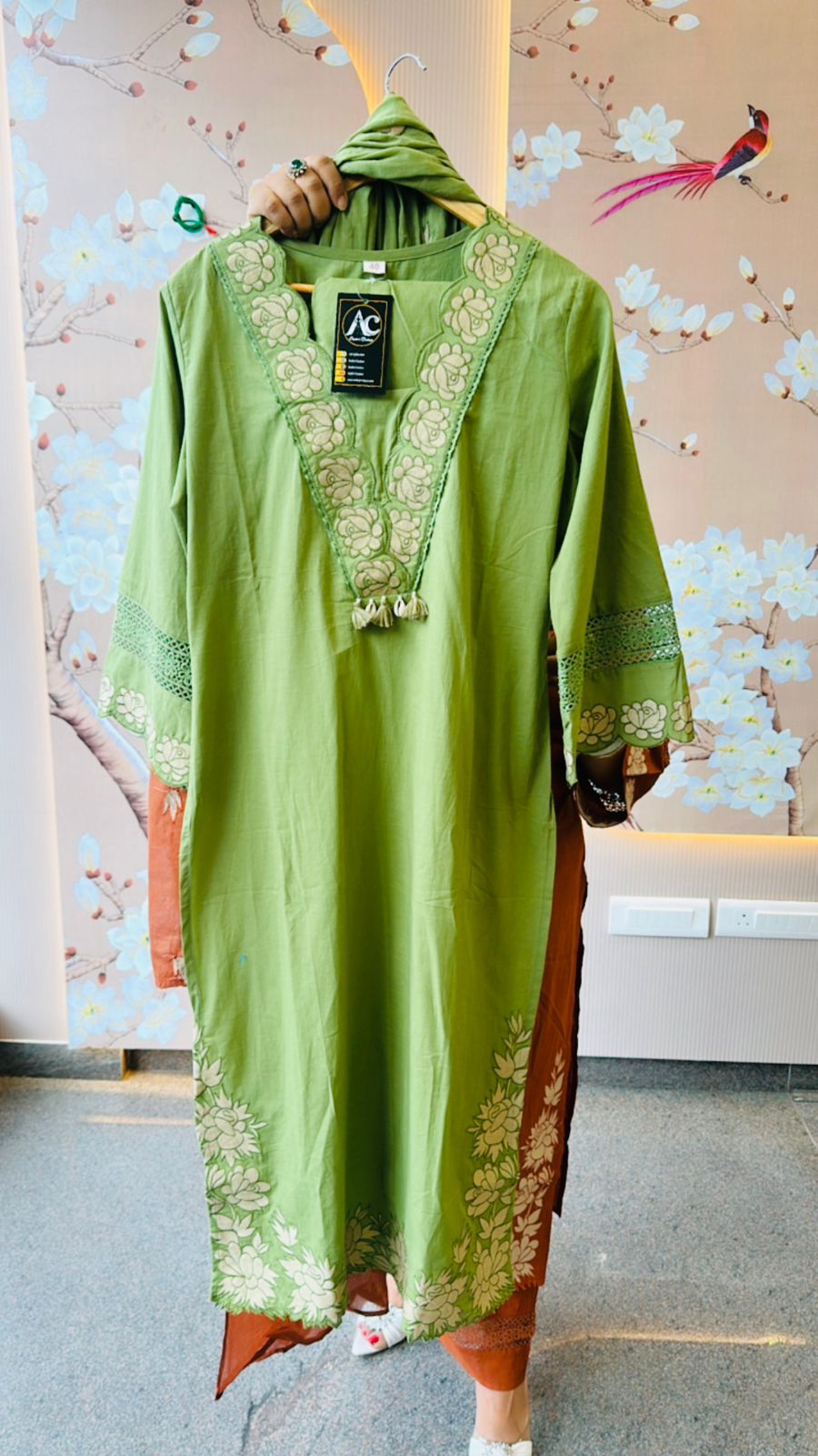 Restocked!! Full appliqué work suit set paired with pretty Mulcotton appliqué dupatta in green !! Dispatch in 20 Days