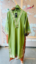 Restocked!! Full appliqué work suit set paired with pretty Mulcotton appliqué dupatta in green !! Dispatch in 20 Days