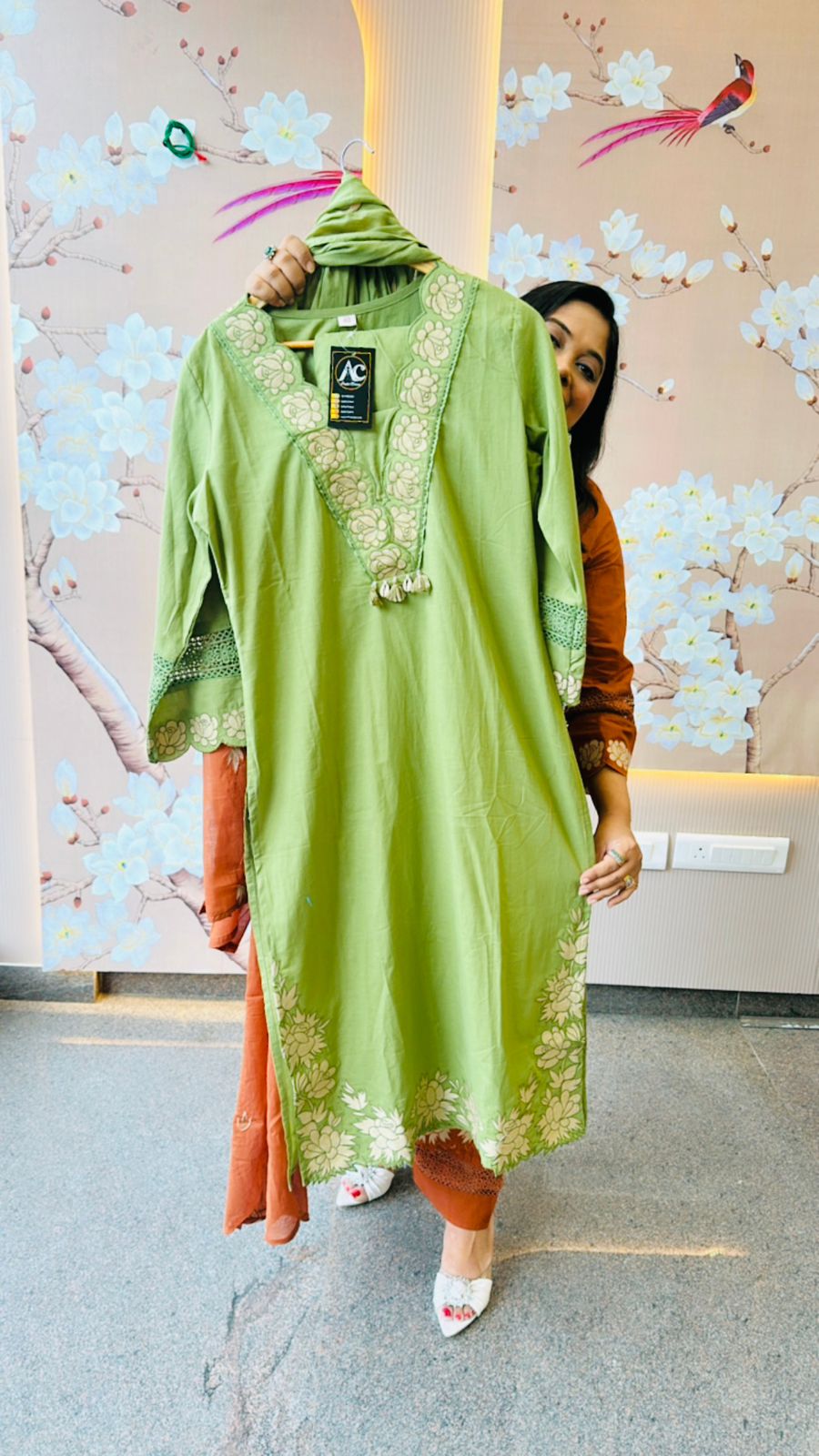Restocked!! Full appliqué work suit set paired with pretty Mulcotton appliqué dupatta in green !! Dispatch in 20 Days