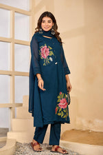 Mul cotton lining embroidery suit set in blue