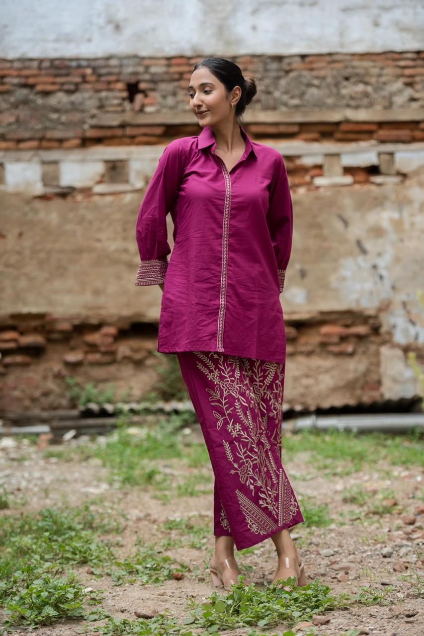 Pink cotton embroidered co ord set