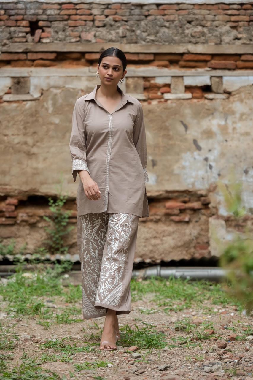 Beige cotton embroidered co ord set