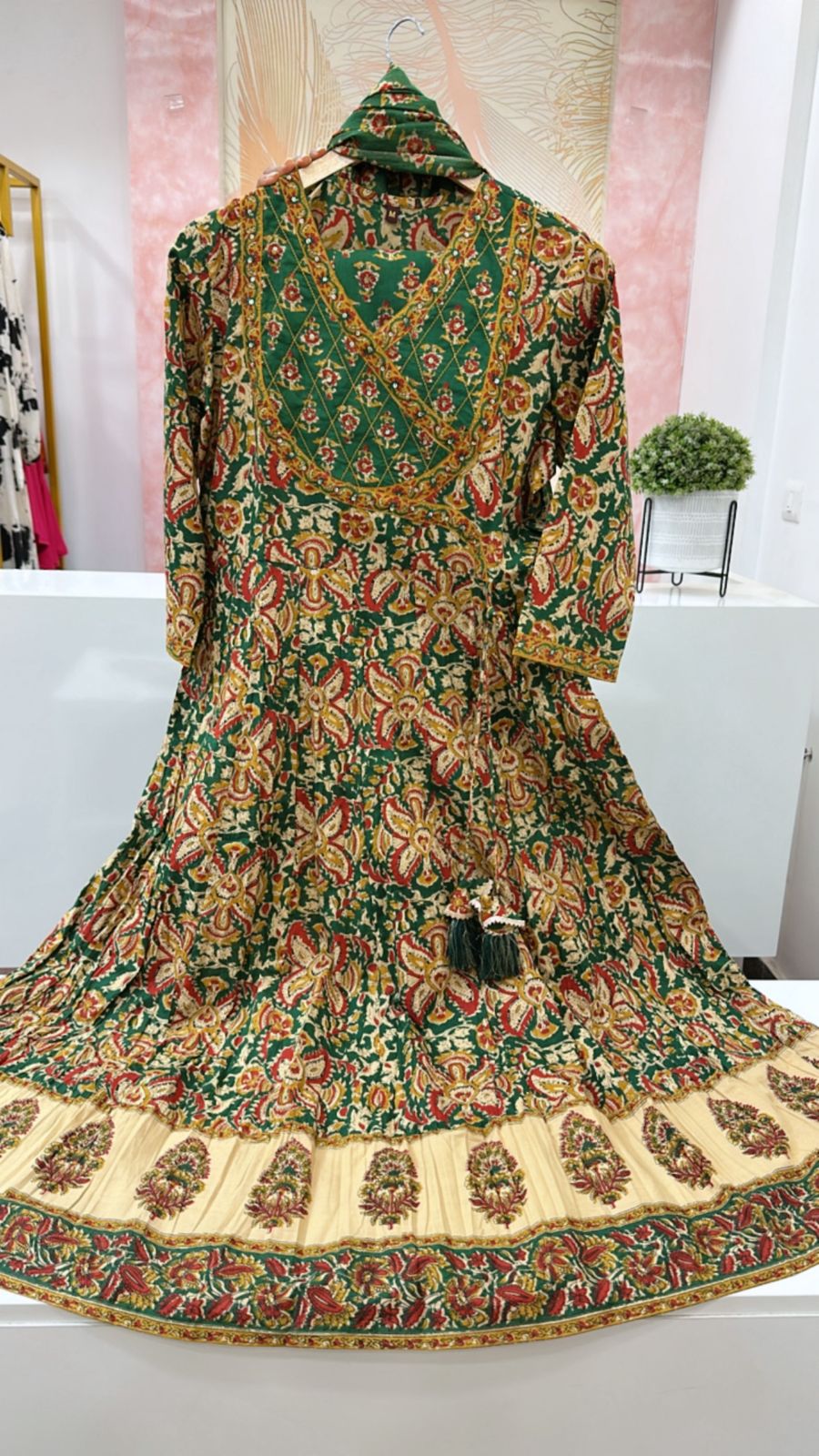 Smart cotton Angrakha pattern full suit set in green