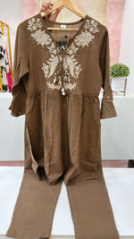 Slub cotton fully embroidered co ord set in mouse colour