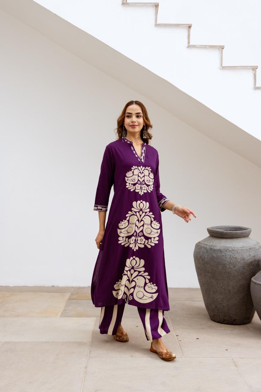 Purple love birds rayon digital printed co ord set